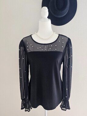 Black Pearl Mesh Sleeve Blouse Puff Sleeve Sheer Elegant Top M